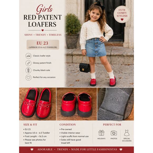 no brand Other - Girls Red Patent Leather Loafers EU 23 US 6 Toddler Chunky Dress Shoes